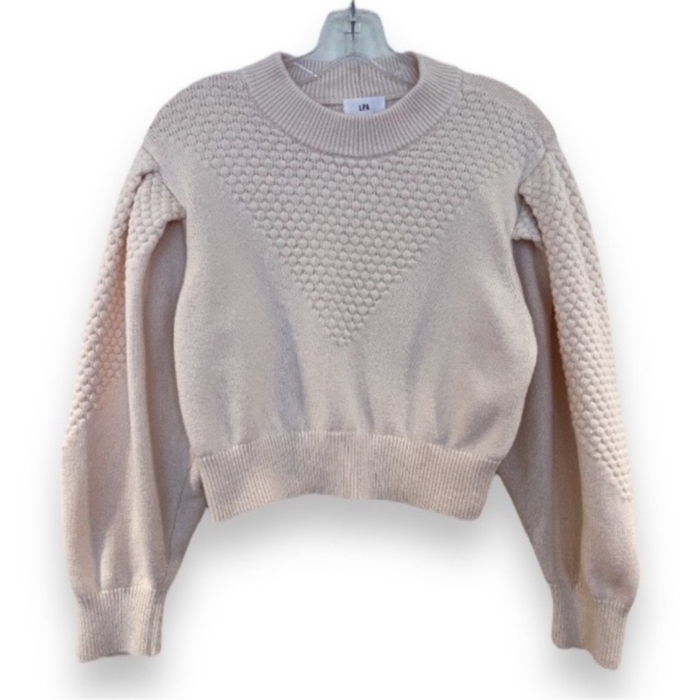 LPA Cotton Wool Blend Cream Textured Balloon Sleeve Boxy Cropped Knit Sweater M